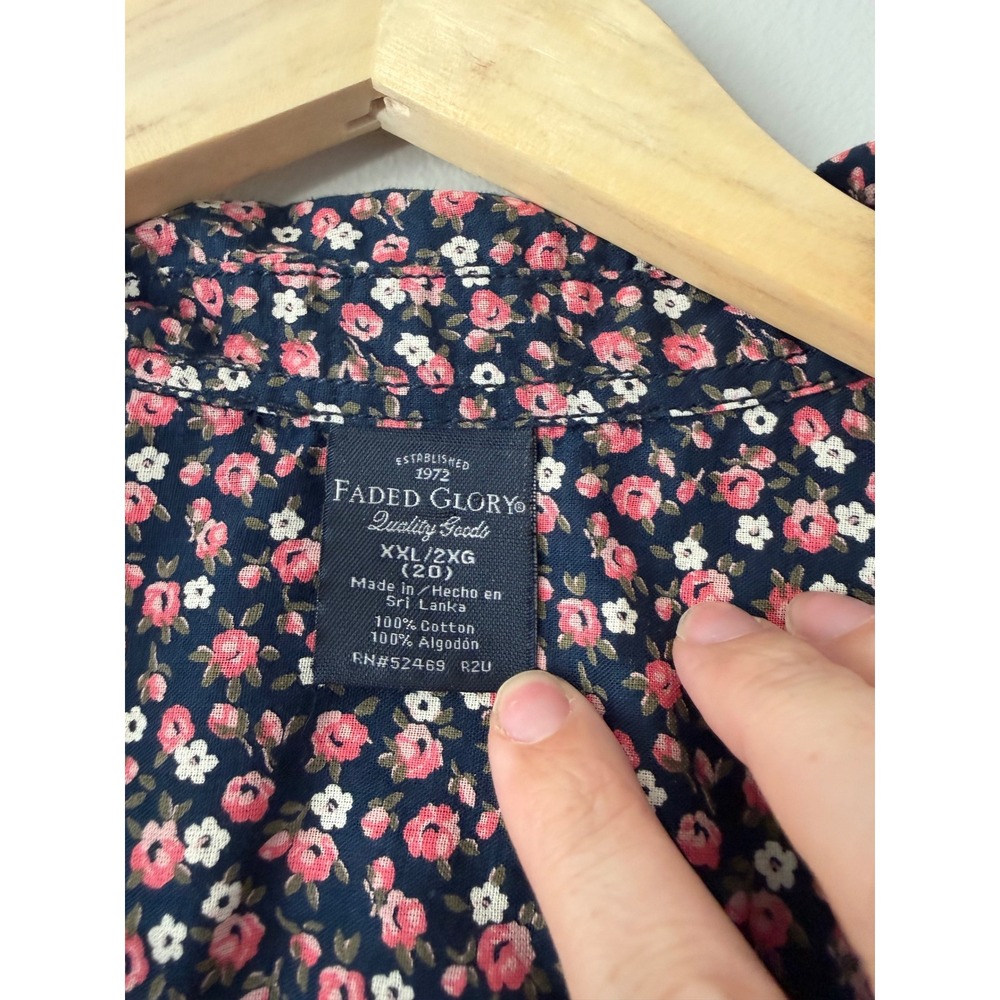 Faded Glory Navy Blue Pink Floral Button Down Shirt Roll Tab Sleeve XXL 20 - Picture 3 of 11